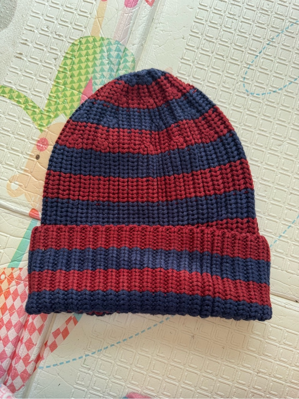 Hanna Anderson Kids Knit Beanie - Navy & Burgundy Stripes